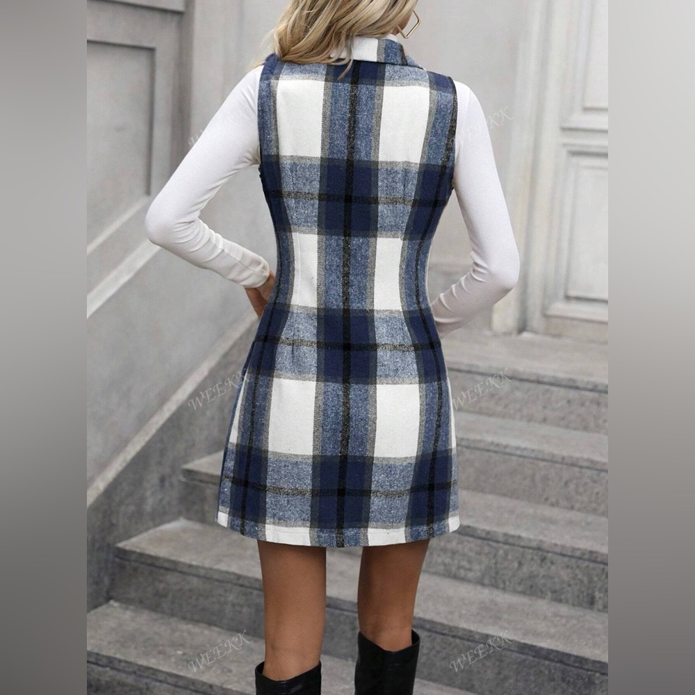 Plaid Double-Breasted Sleeveless Blazer Dress - Picture 7 of 14
